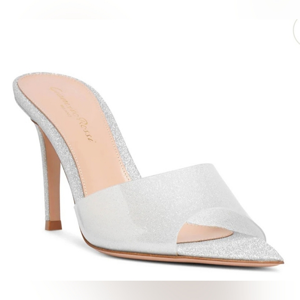 Gianvito Rossi Elle 85 plexi silver glitter mules (size 38)